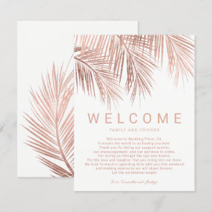 Faux rose gold tropical palm tree welcome wedding invitation