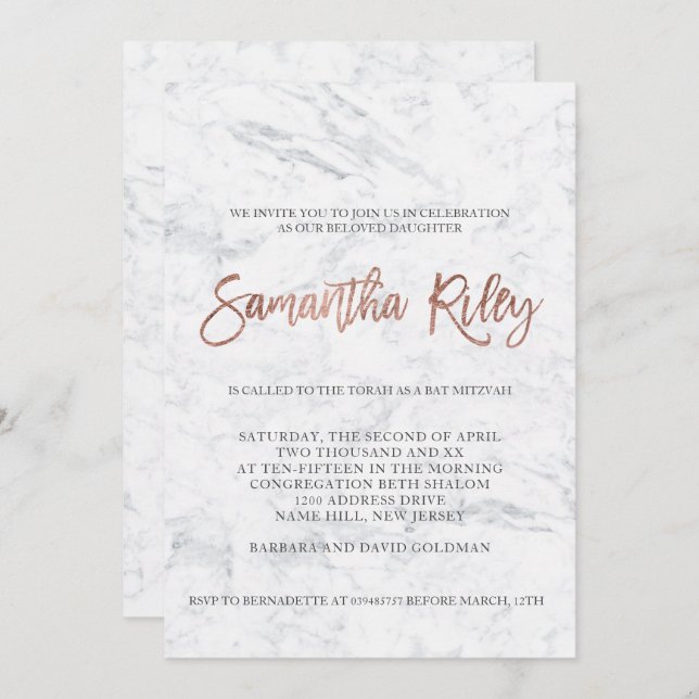 FAUX rose gold typography marble  Bat Mitzvah 4 Invitation (Front/Back)