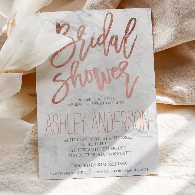 Faux rose gold typography marble bridal shower invitation (Creator Uploaded)