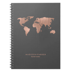 Faux Rose Gold World Map on Smoky Grey Notebook