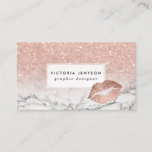 Faux rose pink glitter ombre white marble lips business card