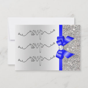 Faux Royal Blue Bow Silver Sequins RSVP Wedding Card