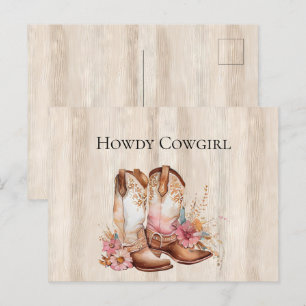 Faux Rustic Cream Wood Pink Rose Cowgirl Boots Postcard