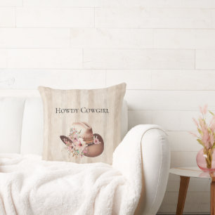 Faux Rustic Cream Wood Pink Rose Cowgirl  Cushion