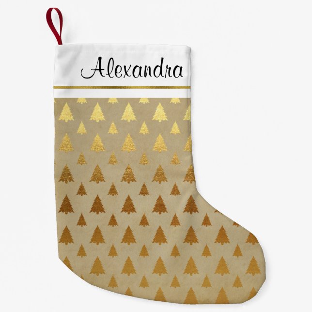 Faux Rustic Gold Foil Christmas Tree Monogram Small Christmas Stocking (Front)