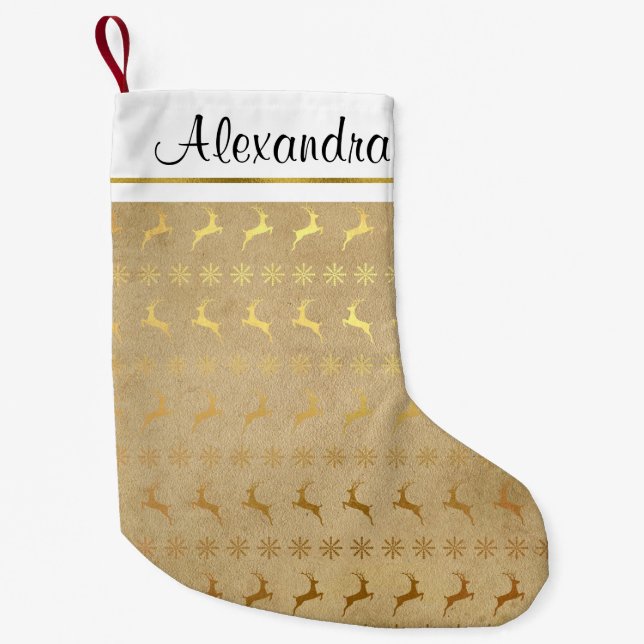 Faux Rustic Gold Foil Reindeer Snowflake Monogram Small Christmas Stocking (Front)