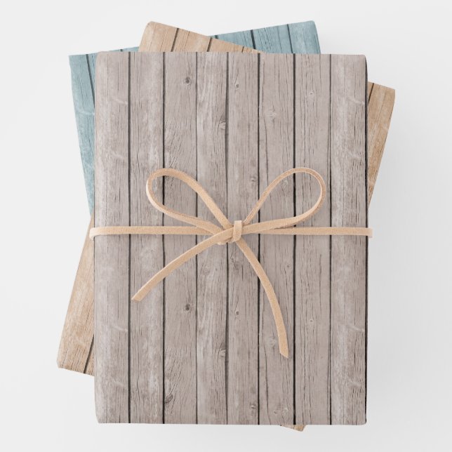 Faux Rustic Wood Brown Blue Wrapping Paper Sheet (In situ)
