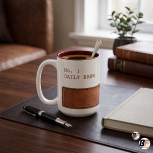 Faux Saddle Leather Band "Daily Brew" Minimalist Two-Tone Coffee Mug