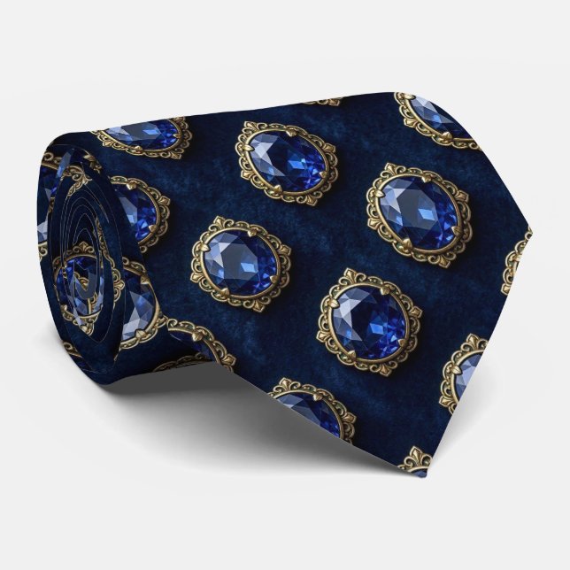 Faux Sapphires with Antique Gold Setting Blue Tie (Rolled)