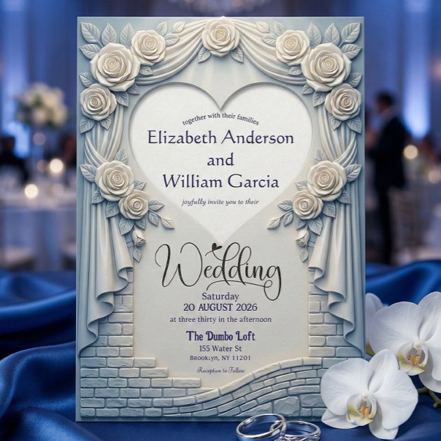 Faux Sculpted Romantic Blue Rose Drapery Heart Invitation (Creator Uploaded)