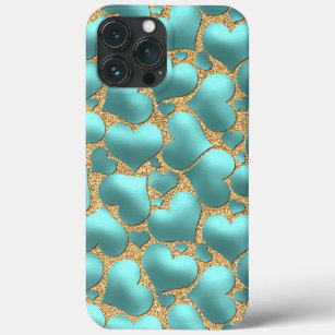 Faux Shiny Aqua Turquoise Blue Heart Art Pattern iPhone 13 Pro Max Case