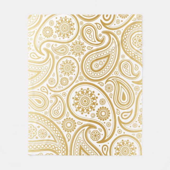Faux Shiny Metallic Gold Paisley Print Fleece Blanket (Front)