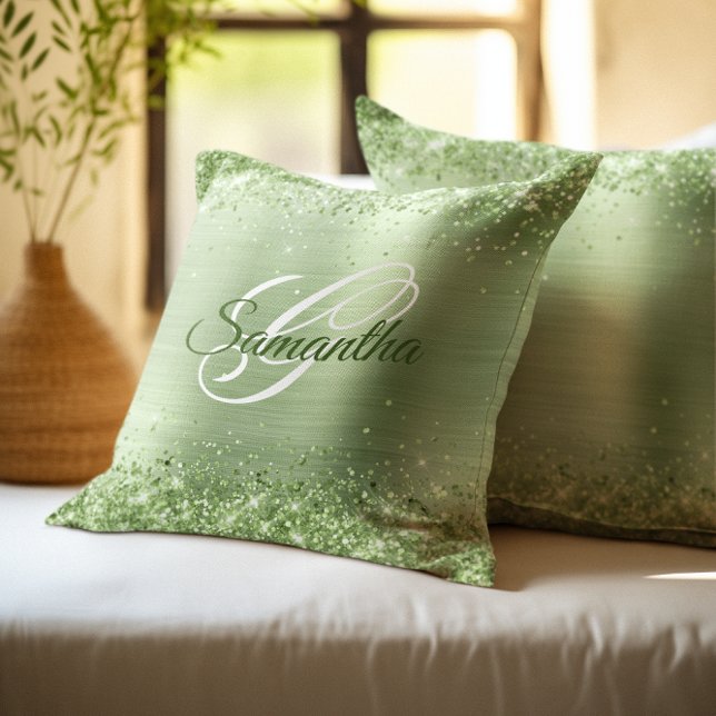 Faux Shiny Mint Green Glitter Foil Monogram Cushion (Mint Green Glitter Foil Monogram Throw Pillow)