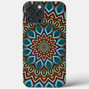 Faux Shiny Orange Teal Turquoise Mandala Pattern iPhone 13 Pro Max Case