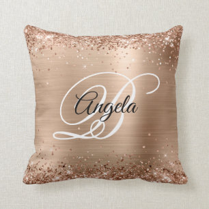 Faux Shiny Pale Copper Glitter Foil Fancy Monogram Cushion