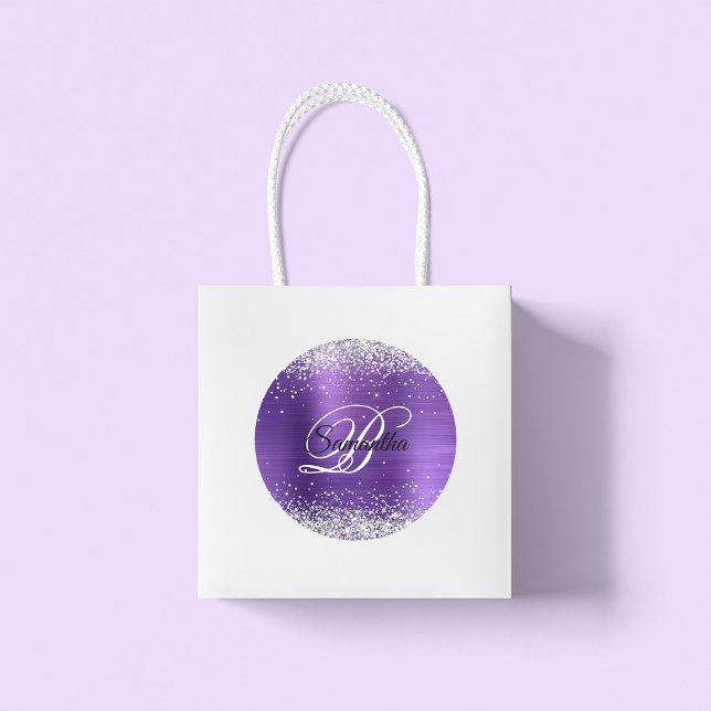 Faux Shiny Silver Glitter Amethyst Foil Monogram Classic Round Sticker (Large Round Favor Stickers)