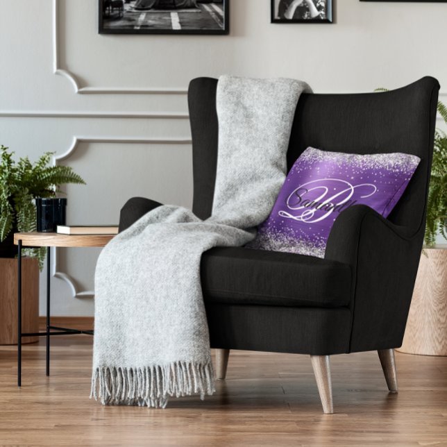 Faux Shiny Silver Glitter Amethyst Foil Monogram Cushion (Silver Glitter Purple Faux Foil Monogram Throw Pillow)