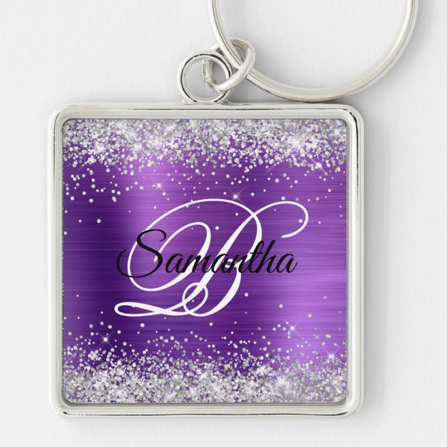 Faux Shiny Silver Glitter Amethyst Foil Monogram Key Ring (Front)