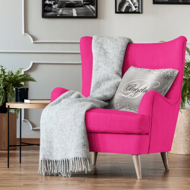 Faux Shiny Silver Glitter Brushed Metal Monogram Cushion (Silver Glitter Brushed Metal Monogram Throw Pillow)