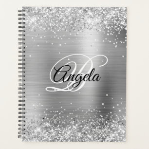 Faux Shiny Silver Glitter Brushed Metal Monogram Planner