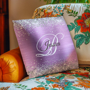 Faux Shiny Silver Glitter Lavender Foil Monogram Cushion
