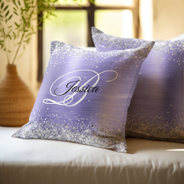 Faux Shiny Silver Glitter Periwinkle Foil Monogram Cushion (Silver Glitter Periwinkle Foil Monogram Throw Pillow)