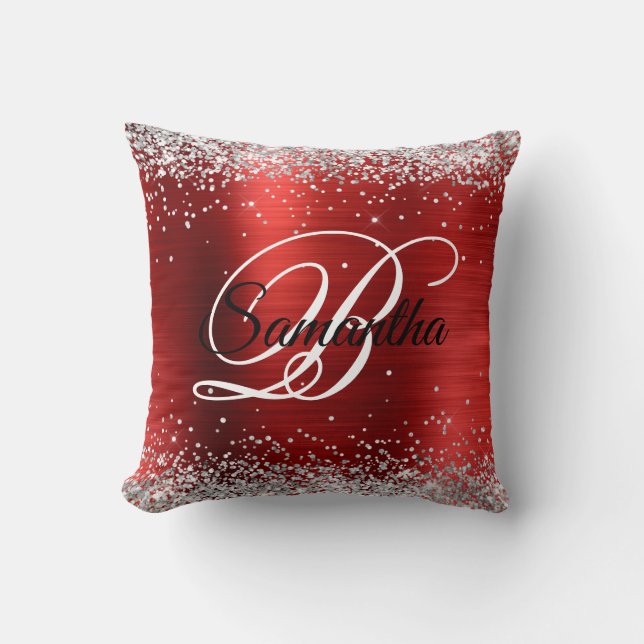Faux Shiny Silver Glitter Red Foil Monogram Cushion (Front)