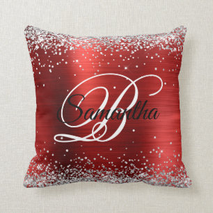 Faux Shiny Silver Glitter Red Foil Monogram Cushion