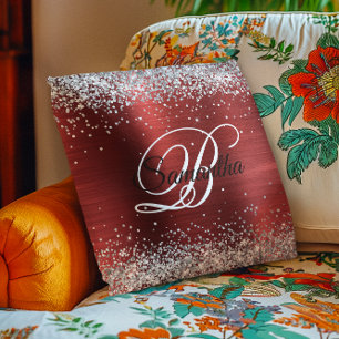 Faux Shiny Silver Glitter Red Foil Monogram Cushion