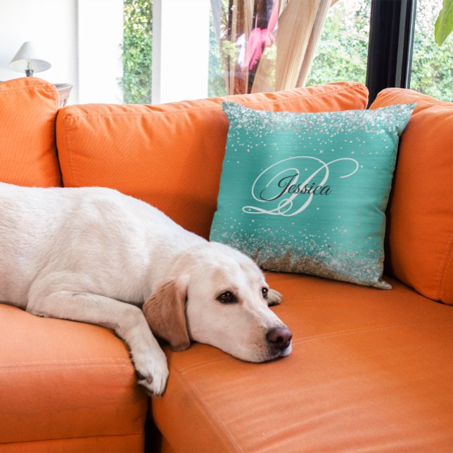 Faux Shiny Silver Glitter Turquoise Foil Monogram Cushion (Silver Glitter Turquoise Foil Monogram Throw Pillow)