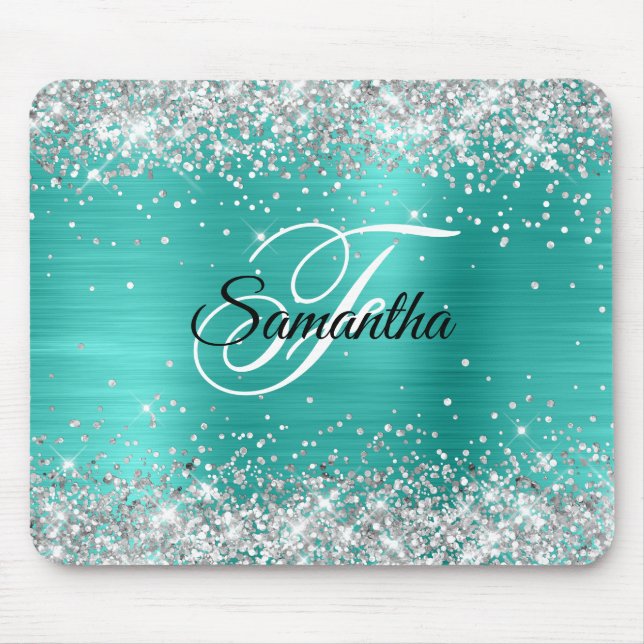 Faux Shiny Silver Glitter Turquoise Foil Monogram Mouse Pad (Front)