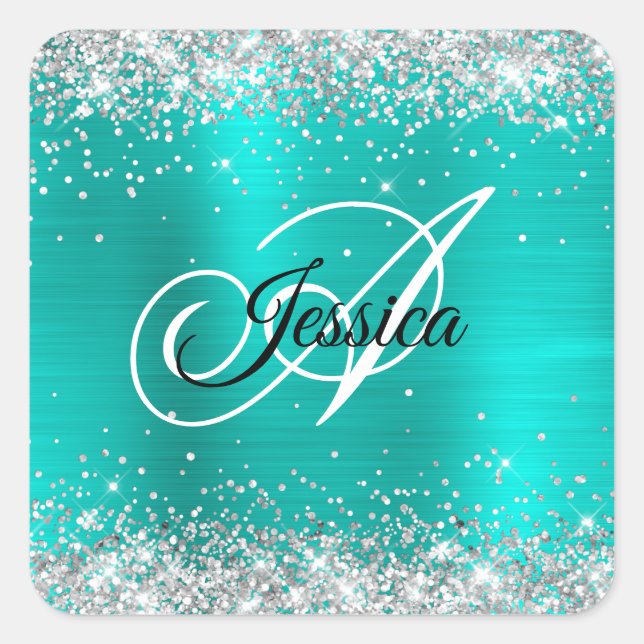 Faux Shiny Silver Glitter Turquoise Foil Monogram Square Sticker (Front)