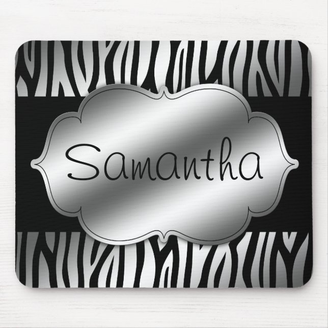 Faux Silver and Black Zebra Personalised Mouse Pad (Front)