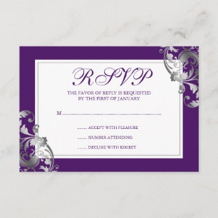 Faux Silver and Purple Flourish Swirl Wedding RSVP Card