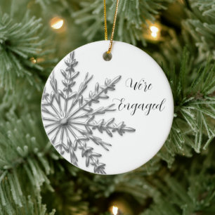 Faux Silver and White Winter Snowflake Engagement Ceramic Tree Decoration