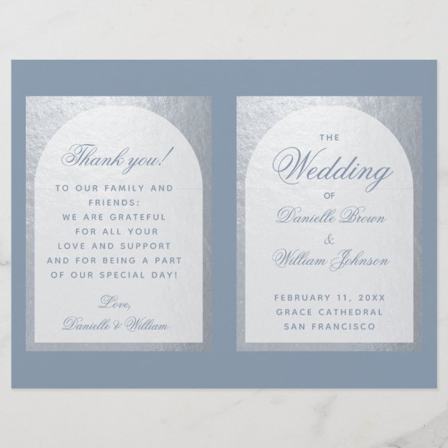 Faux Silver Arch Dusty Blue Folded Wedding Program (Front)
