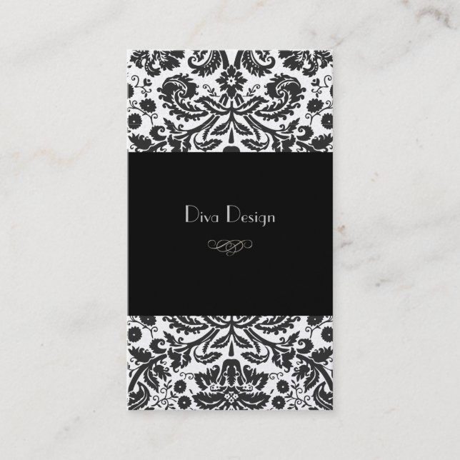 Faux silver baroque damask /black business card (Front)