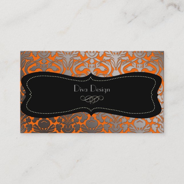 Faux silver baroque damask /black business card (Front)
