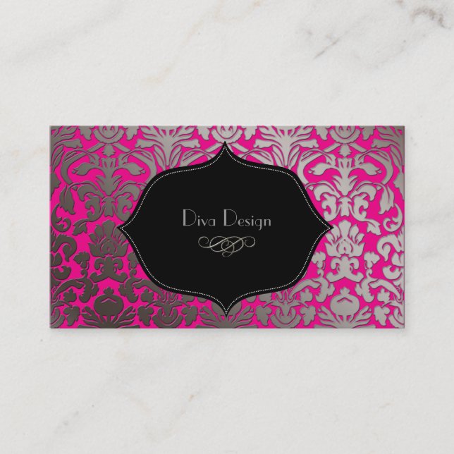 Faux silver baroque damask /black/hot pink business card (Front)