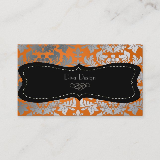 Faux silver baroque damask burnt orange/black business card (Front)