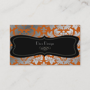 Faux silver baroque damask burnt orange/black business card