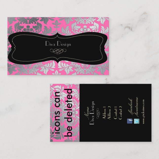 Faux silver baroque damask/DIY colour pink Business Card (Front/Back)