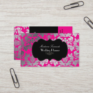 Faux silver baroque damask/DIY colours pink+black Business Card