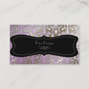 Faux silver baroque damask lilac//black business card