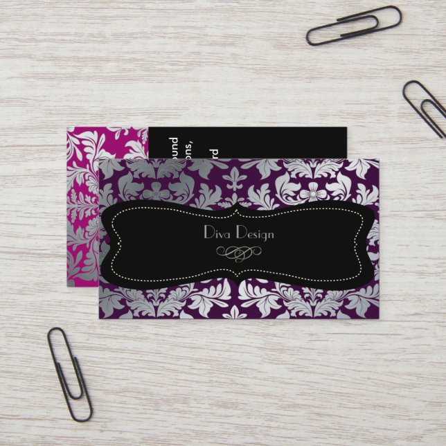 Faux silver baroque damask purple/black business card (Front/Back In Situ)