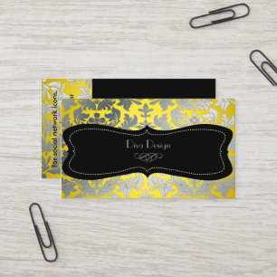 Faux silver baroque damask yellow/black business card