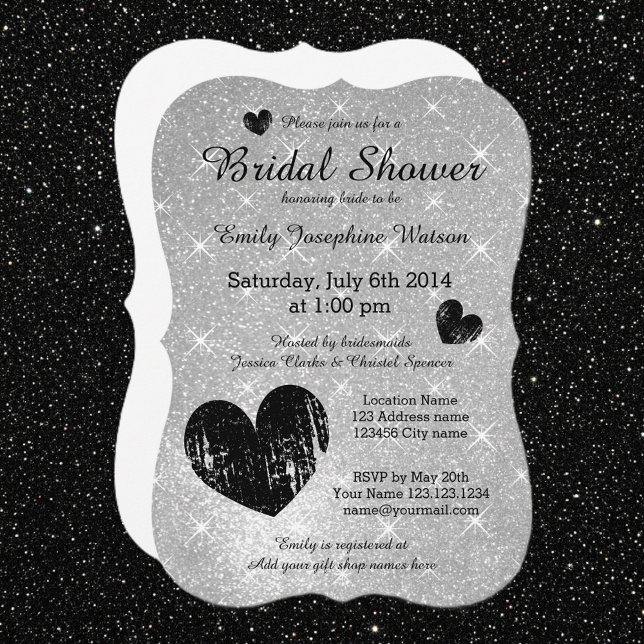 Faux silver black glitter bridal shower invitation (silver bridal shower invitations)