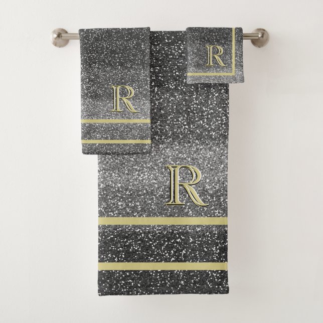 Faux Silver Black Gold Unique 3 Colour Monogram Bath Towel Set (Insitu)