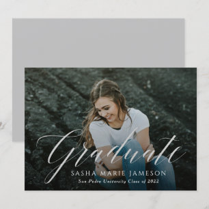 Faux Silver Calligraphy Graduate Landscape Photo Invitation