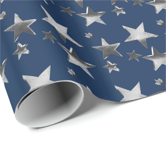 Faux Silver Christmas Stars Pattern Navy Blue Wrapping Paper (Roll Corner)
